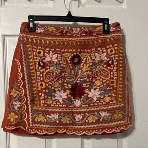 Blue Rain A-Line Skirt -‎ Red and Pink Embroidery